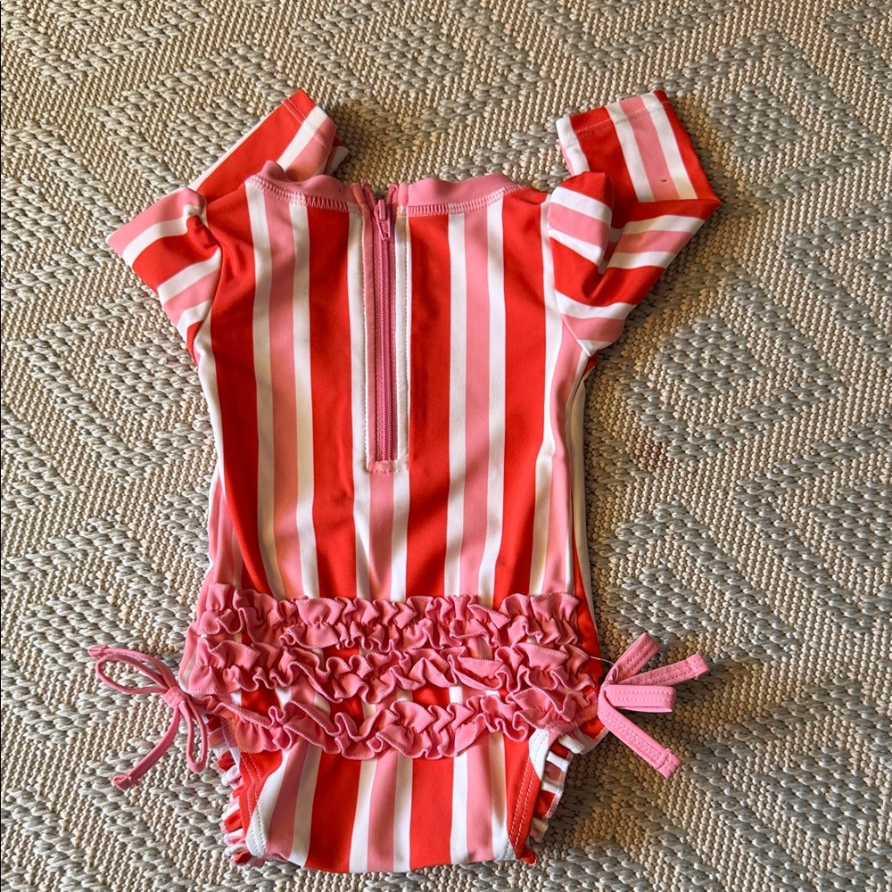 Ruffle Butts Pink and Red Striped Kids Swim Rashguard - Picture 2 of 3